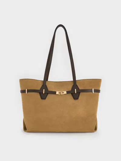 Charles & Keith - Arlet Recycled Suede Double-handle Belted Tote Bag In Sand