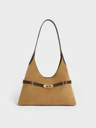 Charles & Keith - Arlet Recycled Suede Metallic-accent Belted Hobo Bag In Sand