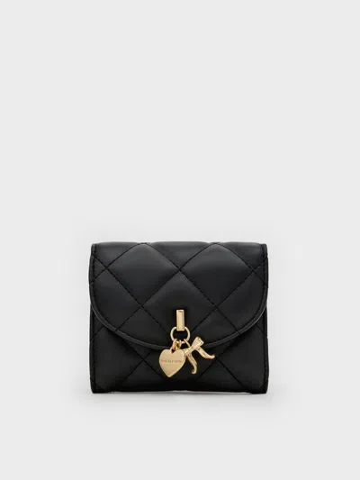 Charles & Keith - Arrietty Quilted Bow-heart Charm Curved-flap Wallet In Black