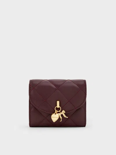 Charles & Keith - Arrietty Quilted Bow-heart Charm Curved-flap Wallet In Red