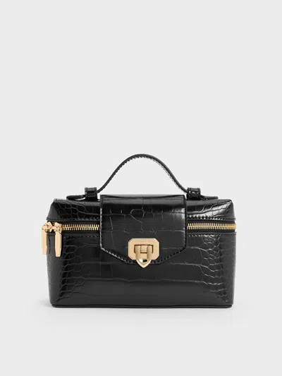 Charles & Keith - Arwen Croc-effect Top Handle Vanity Bag In Black