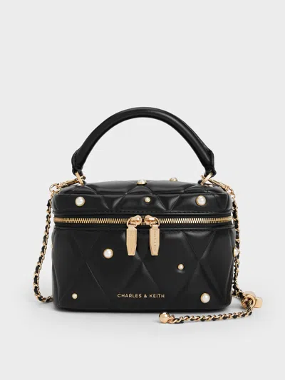 Charles & Keith - Arwen Quilted Pearl-embellished Top Handle Vanity Bag In Black