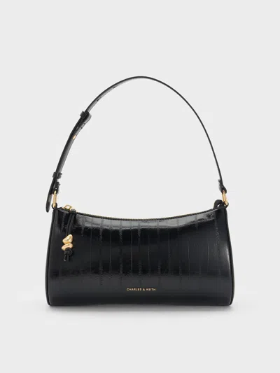 Charles & Keith - Augustine Eel-effect Sculptural-detail Shoulder Bag In Black