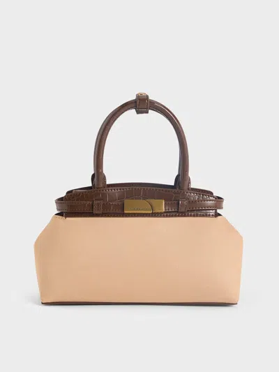 Charles & Keith - Aurelia Croc-effect & Faux Suede Metallic-accent Elongated Tote In Multi