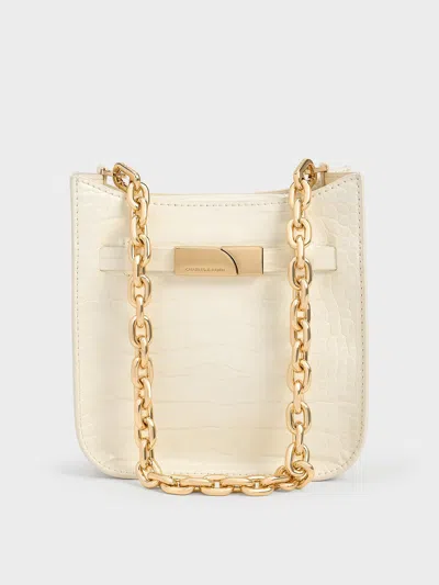 Charles & Keith - Aurelia Croc-effect Metallic-accent Crossbody Bag In Cream