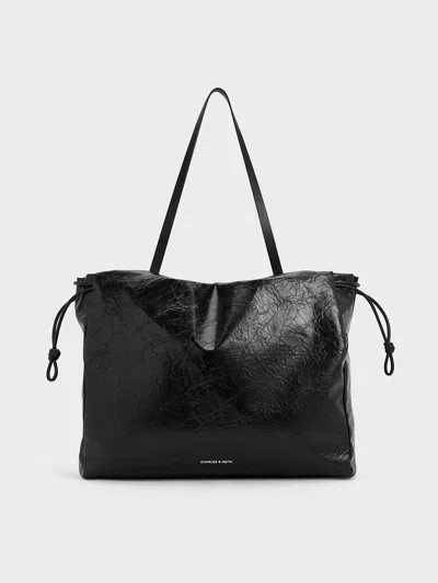 Charles & Keith - Bethel Crinkle-effect Ruched Drawstring Tote Bag In Black