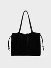 Charles & Keith - Bethel Shiny Ruched Drawstring Tote Bag In Jet Black