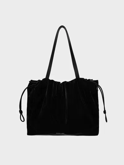 Charles & Keith - Bethel Shiny Ruched Drawstring Tote Bag In Jet Black