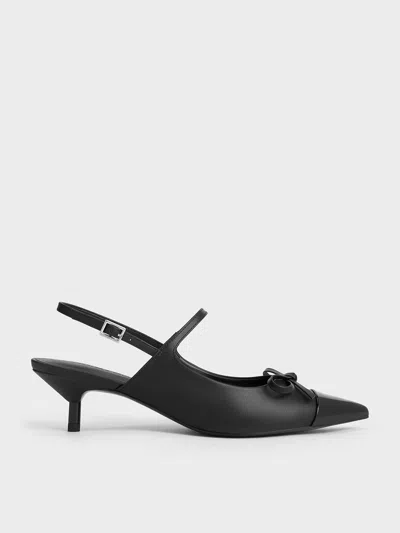 Charles & Keith - Bow Cap-toe Kitten-heel Slingback Pumps In Black