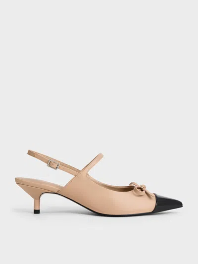 Charles & Keith - Bow Cap-toe Kitten-heel Slingback Pumps In Nude