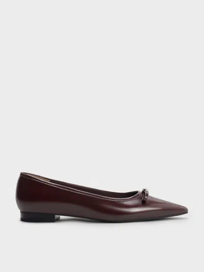 Charles & Keith - Bow Metallic-accent Pointed-toe Ballet Flats In Burgundy