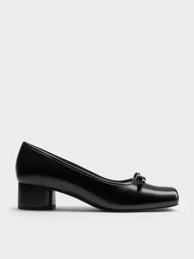Charles & Keith - Bow Metallic-accent Square-toe Block-heel Pumps In Black