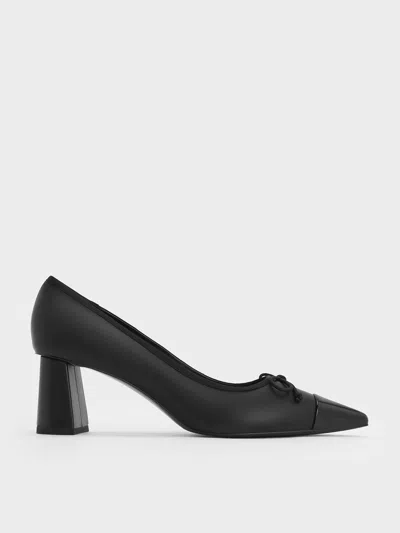 Charles & Keith - Bow Pointed Cap-toe Pumps In Black