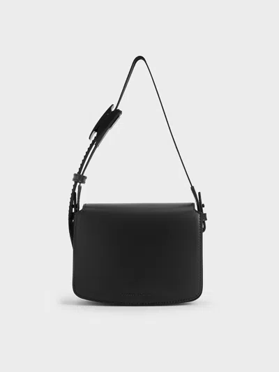 Charles & Keith - Boxy Front Flap Shoulder Bag In Jet Black