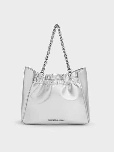 Charles & Keith - Brigette Ruched Glittered Chain-handle Shoulder Bag In Silver