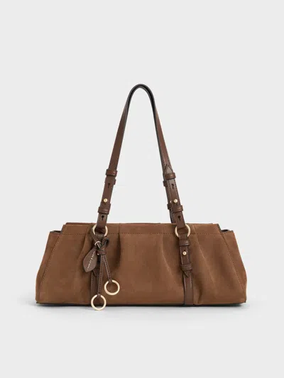 Charles & Keith - Britton Recycled Suede Ruched Elongated Shoulder Bag In Brown