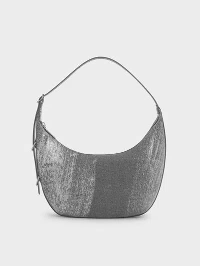 Charles & Keith - Bryna Denim Curved Hobo Bag In Gray