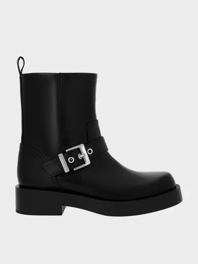 Charles & Keith - Buckle-strap Biker Boots In Black