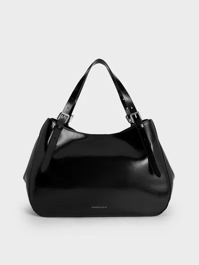 Charles & Keith - Buckle-strap Slouchy Tote Bag In Noir