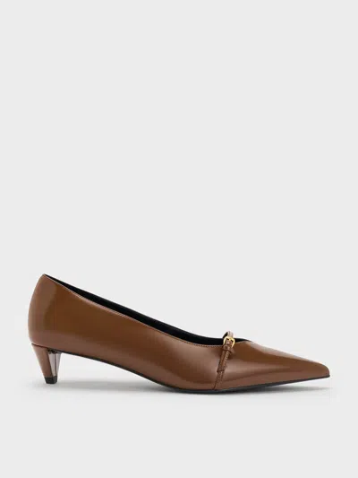 Charles & Keith - Buckled Pointed-toe Kitten-heel Pumps In Brown