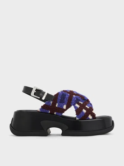 Charles & Keith - Caria Furry Checkered Platform Sandals In Multi