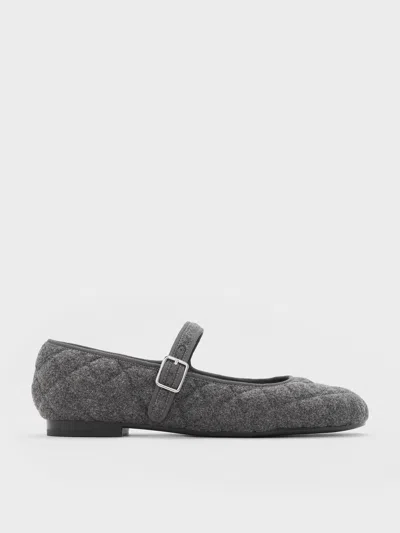 Charles & Keith - Carmel Felt Quilted Buckled Mary Jane Flats In Grey