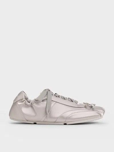 Charles & Keith - Cece Satin Ruched Bow Sneakers In Light Grey