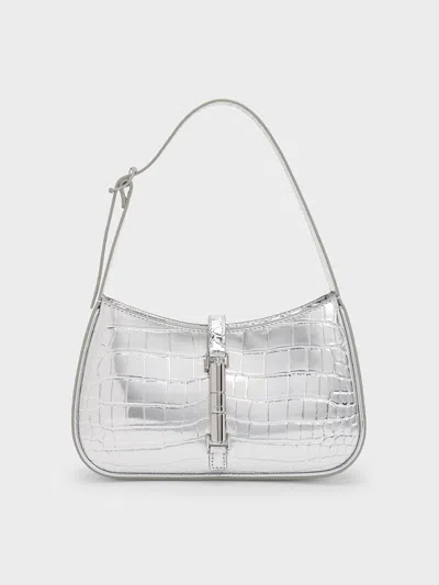 Charles & Keith - Cesia Croc-effect Metallic-accent Shoulder Bag In Silver