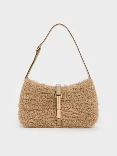 Charles & Keith - Cesia Faux Shearling Metallic-accent Shoulder Bag