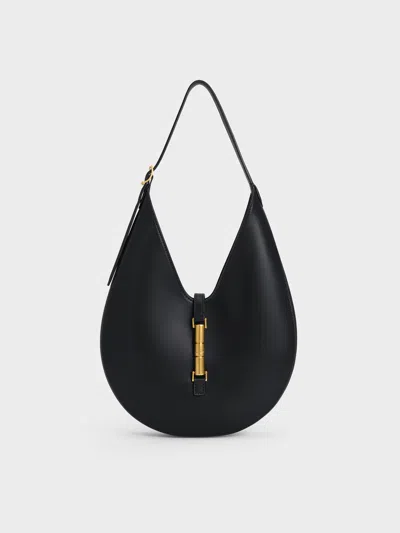 Charles & Keith - Cesia Metallic-accent Hobo Bag In Black