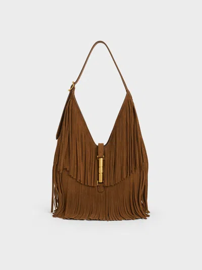 Charles & Keith - Cesia Recycled Suede Fringed Hobo Bag In Brown