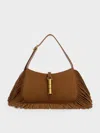 Charles & Keith - Cesia Recycled Suede Metallic-accent Fringed Shoulder Bag In Brown