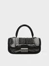 Charles & Keith - Charlot Patchwork Denim Elongated Top Handle Bag In Noir