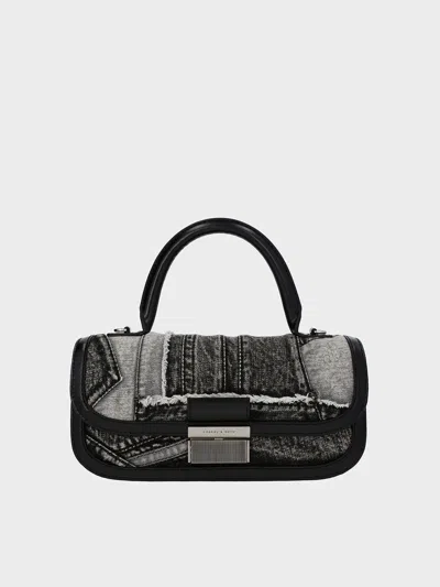 Charles & Keith - Charlot Patchwork Denim Elongated Top Handle Bag In Noir