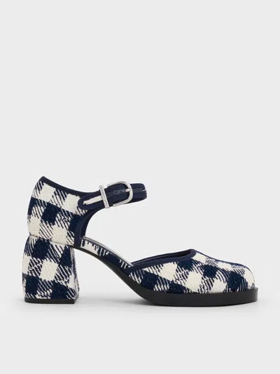 Charles & Keith - Checkered Block-heel Ankle-strap D'orsay Pumps In Dark Blue