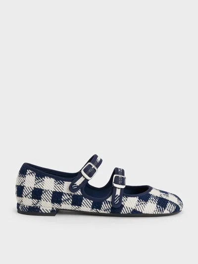 Charles & Keith - Checkered Double-strap Mary Jane Flats In Dark Blue