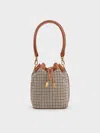 Charles & Keith - Checkered Drawstring Bucket Bag In Cognac
