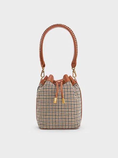 Charles & Keith - Checkered Drawstring Bucket Bag In Cognac