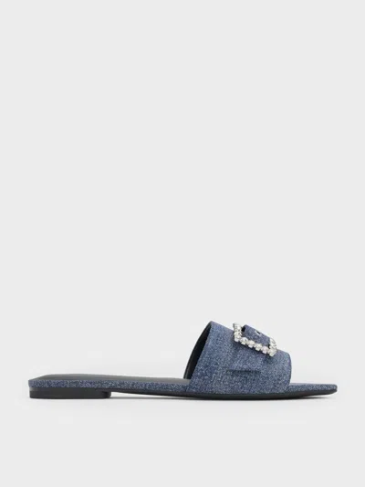Charles & Keith - Denim Gem-buckle Square-toe Slide Sandals
