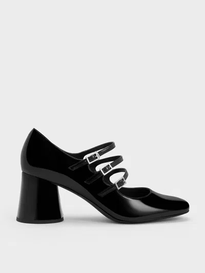 Charles & Keith Buckled Cylindrical Heel Mary Janes In Black