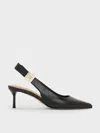 Charles & Keith - Cody Leather Pointed-toe Kitten-heel Slingback Pumps In Black
