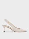 Charles & Keith - Cody Leather Pointed-toe Kitten-heel Slingback Pumps In Gray