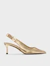 Charles & Keith - Cody Metallic Leather Pointed-toe Kitten-heel Slingback Pumps In Gold