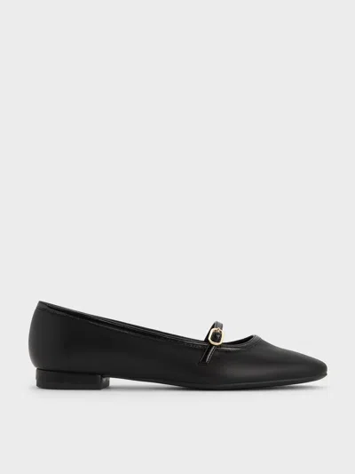 Charles & Keith - Contrast-trim Buckle-strap Mary Janes In Black