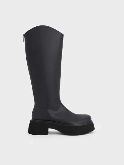 Charles & Keith - Cowboy Platform Knee-high Boots In Black