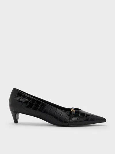 Charles & Keith - Croc-effect Buckled Pointed-toe Kitten-heel Pumps In Animal Print Black
