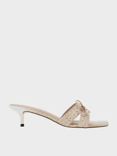 Charles & Keith - Croc-effect Lace-up Double-strap Kitten-heel Mules In Chalk