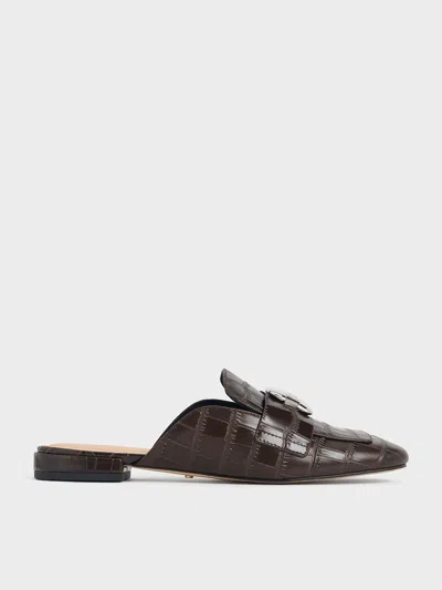 Charles & Keith - Croc-effect Leather Metallic-accent Loafer Mules In Dark Brown