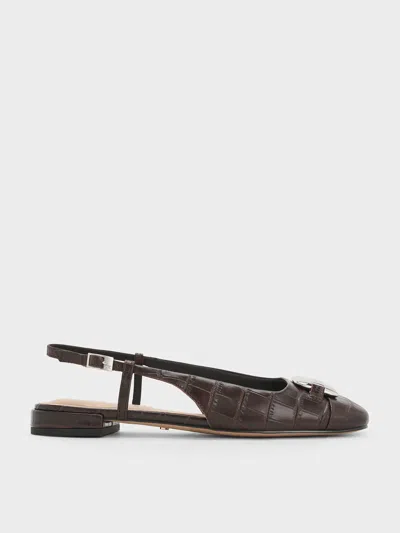Charles & Keith - Croc-effect Leather Metallic-accent Slingback Flats In Dark Brown