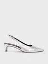 Charles & Keith - Croc-effect Pointed-toe Kitten-heel Slingback Pumps In Animal Print Silver